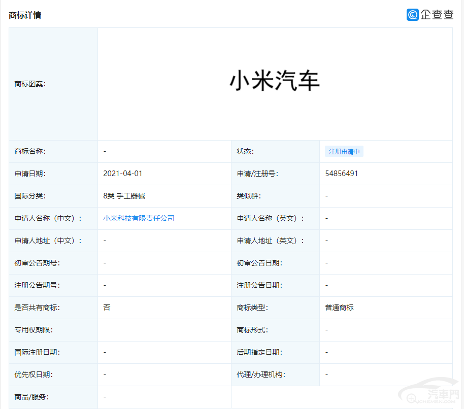 小米科技公司正式申请注册“小米汽车”商标